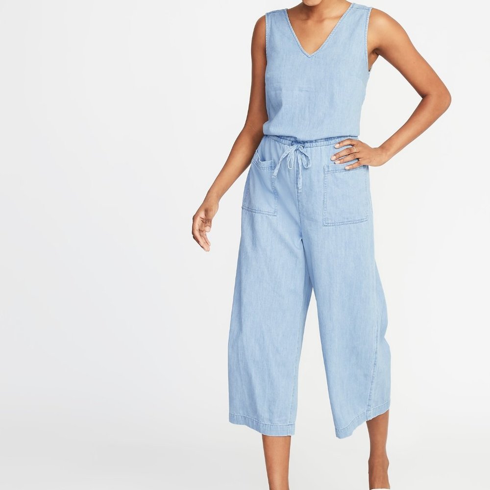 Sleeveless V-Neck BLUE Utility Jumpsuit 100% COTTON SIZE XXL #447673 NWT